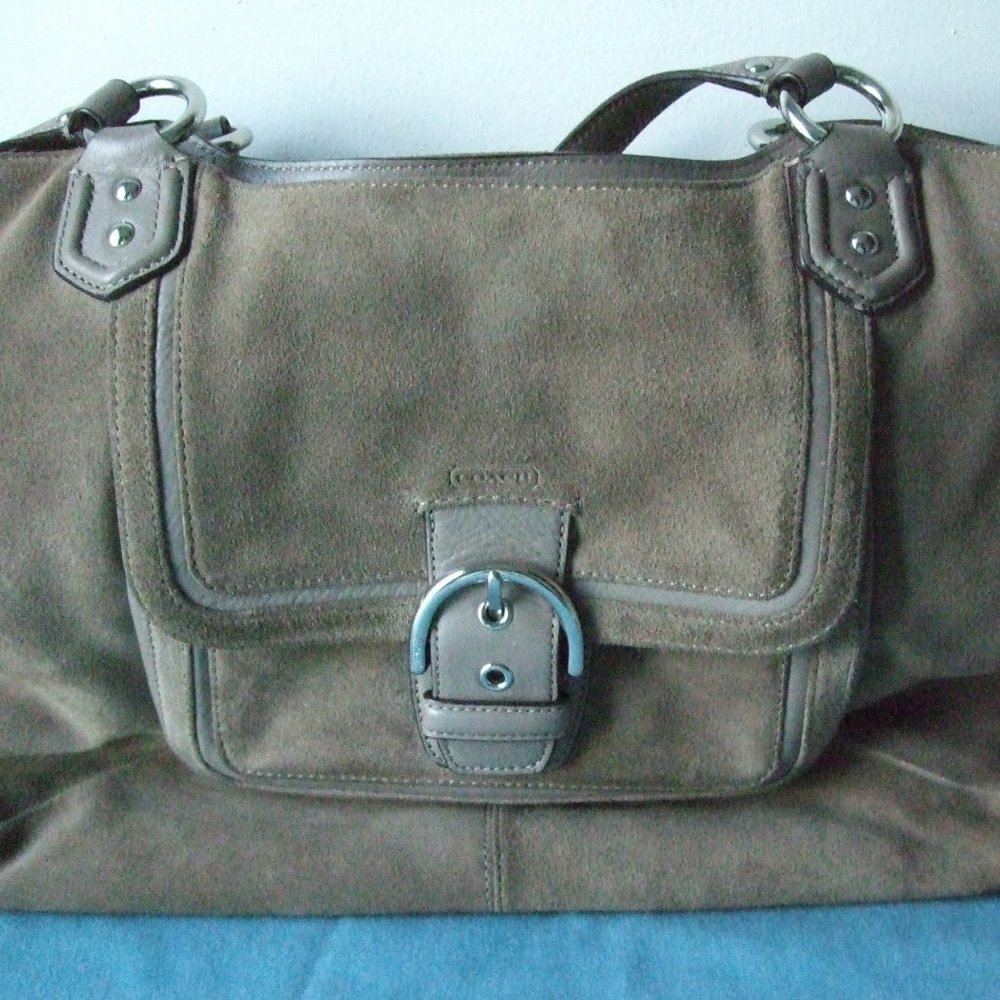 Coach Taupe Suede Shoulder Bag with Leather Trim